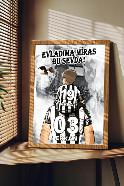 Sophanos Ahşap Çerçeve Görünümlü Siyah Beyaz Taraftar Baba-Oğul Kişiye Özel K...