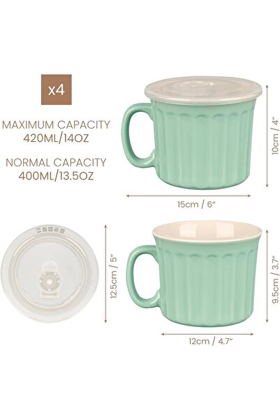 Belle Vous Set of 4 ceramic bowls, with handle and lid, 400 ml, microwave safe, Turquoise
