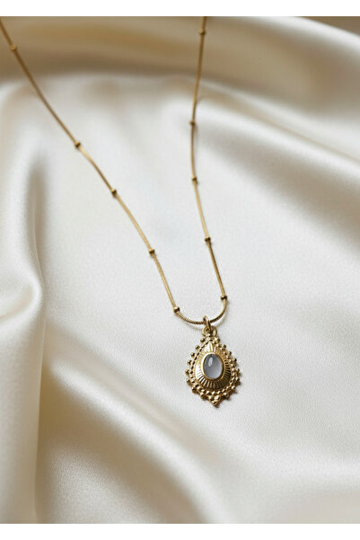 staınless steel Gri Taşlı Zarif Vintage Çelik Kolye