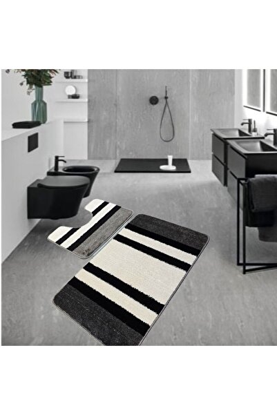 Kotonia Home Set of 2 bath mats anti-slip membrane, 100% synthetic fibers, black,50×40 cm,50×80 cm, Sandy Criptik