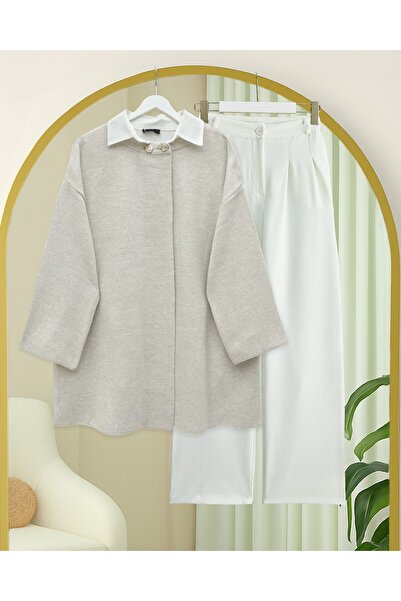 Modamorfo Double Button Casual Knitwear Poncho -Stone