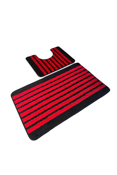 Kotonia Home Set of 2 bath mats anti-slip membrane, 100% synthetic fibers, red, 50×40 cm, 50×80 cm, Sandy Larissa