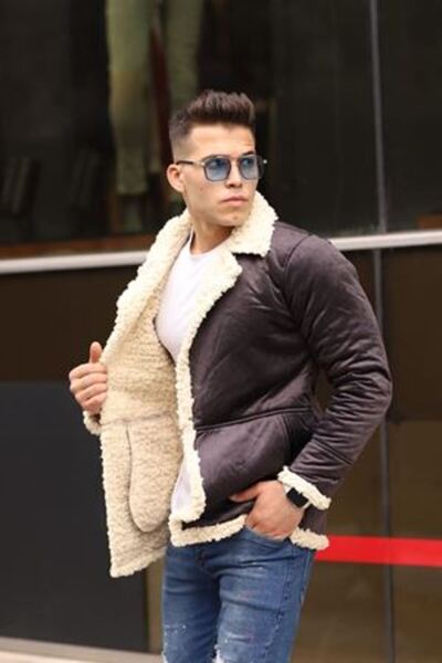 comstar Чоловічий зимовий піджак з кишенями, з хутром, кавового кольору, із замші