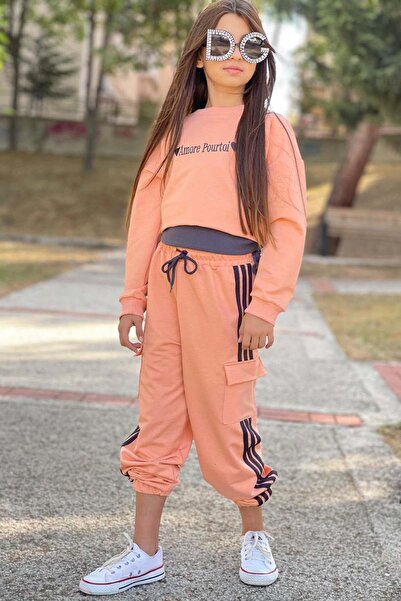 Riccotarz Κοριτσίστικο Σετ Φόρμας Σολομόν με Λεπτομέρεια Στάμπας, Αμάνικο Μπαντάκι πλέξη ριμπ τεμαχίων, ριγέ πλαϊνή τσέπη τεμαχίων