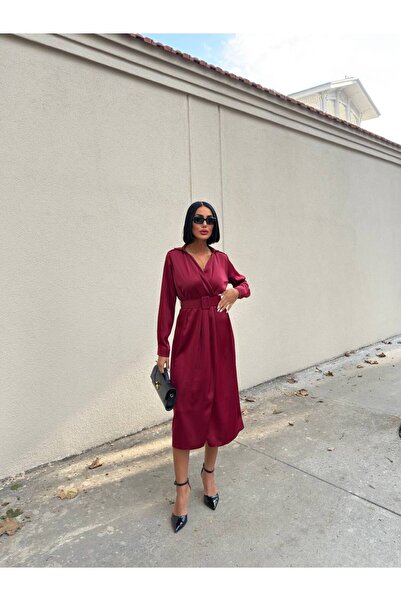 OLSAMODA Women's Belted Shirt with Shirt Collar Satin Fabric Midi Length Kru Double-Breasted Bise