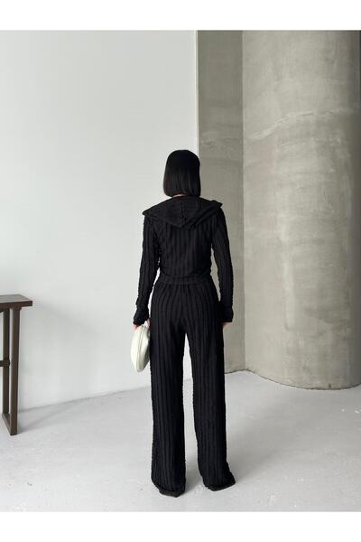 aytenli Shawl Collar Hooded Zippered Finger-Looped Top Elasticized Sized Pocketed Trousers Tassel Suit