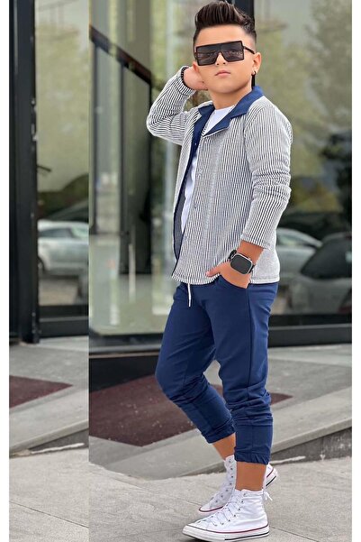 Riccotarz Boys' Waterway Striped Jacket Combed Cotton Sweater 2 Thread Pants Navy Blue Bottom Top Set