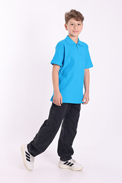 Re&Gi Rekor Unisex Children's Polo Neck School T-Shirt Basic Short Sleeve 2-Piece School Long Sleeve T-Shirt 5-16 Years Old Turquoise