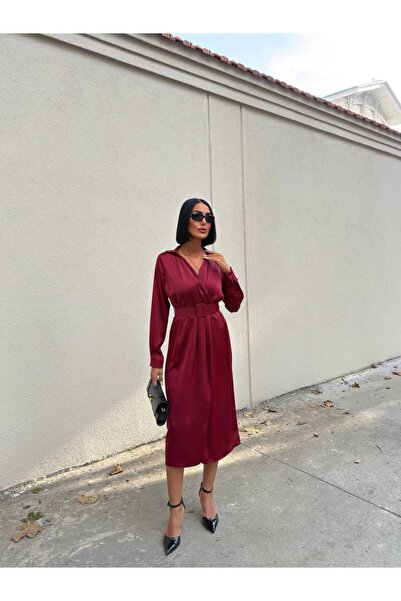 OLSAMODA Women's Belted Shirt with Shirt Collar Satin Fabric Midi Length Kru Double-Breasted Bise