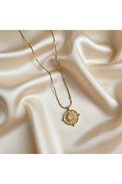 staınless steel Pembe Taşlı Zarif Vintage Çelik Kolye