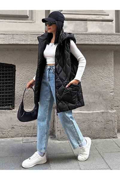 BORCKA TEKSTİL Siyah Kapitone Uzun Kapüşonlu Kadın Şişme Yelek