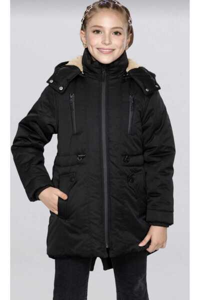 Arafım Butik kız çocuk siyah kapşonlu mont