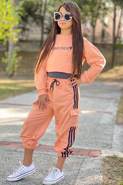 Riccotarz Κοριτσίστικο Σετ Φόρμας Σολομόν με Λεπτομέρεια Στάμπας, Αμάνικο Μπαντάκι πλέξη ριμπ τεμαχίων, ριγέ πλαϊνή τσέπη τεμαχίων