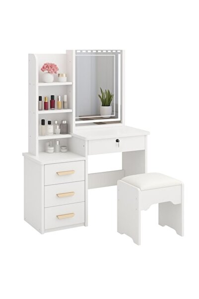 7LIFE White LED Vanity Table with Mirror, Stool, Drawers & Shelves, 130x40x80 cm