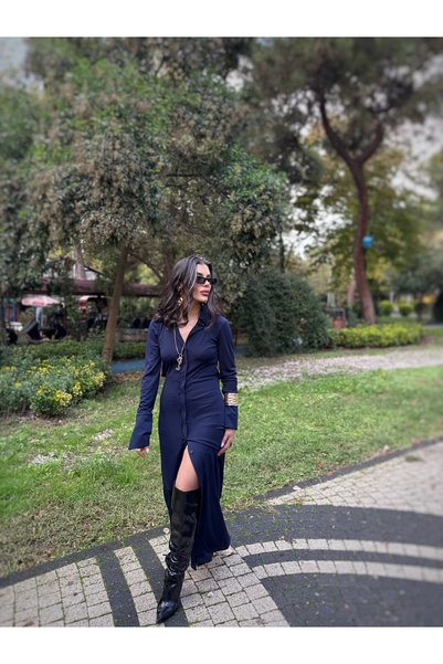 GÜLCİCİ Sırt Dekolteli Uzun Gömlek Elbise – Lacivert