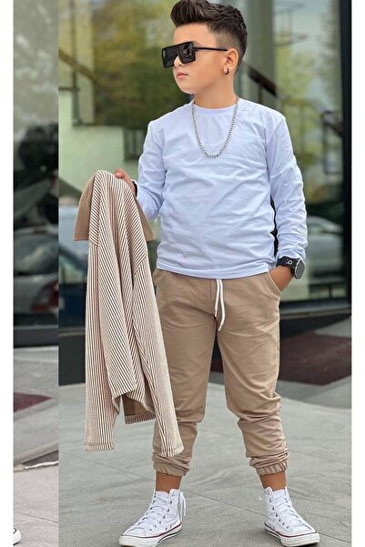 Riccotarz Boys' Waterway Striped Jacket Combed Cotton Sweater 2 Thread Pants Cream Bottom Top Set