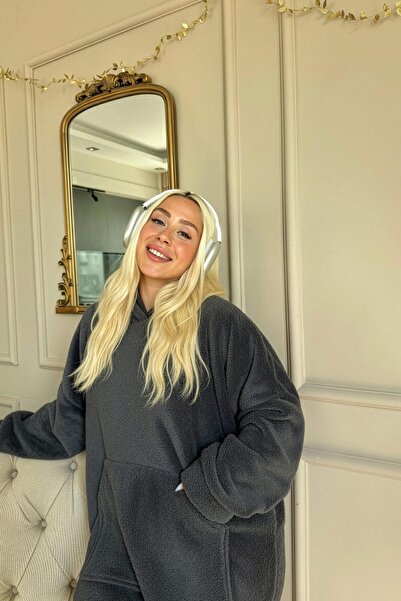 Pijamaevi Antrasit Kapşonlu Tam Peluş Oversize Sweat Panço Pijama