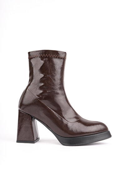 MARSHETTA Flessa Model Kahverengi Sivri Burun Platform Topuklu Yandan Fermuarlı Kadın Streç Bot