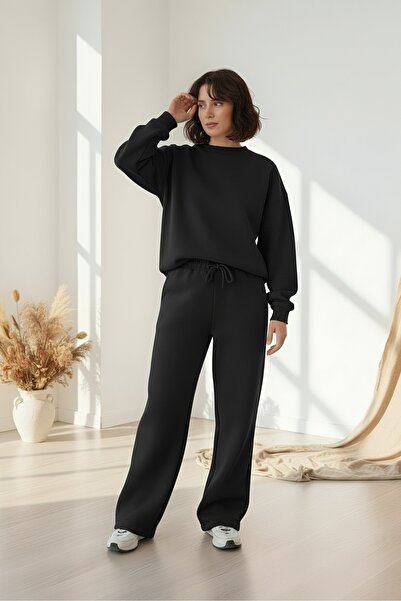 MUVIANCE Kadın Siyah Oversize Sweatshirt ve Bol Paça Eşofman Altı Takımı – 3 ...