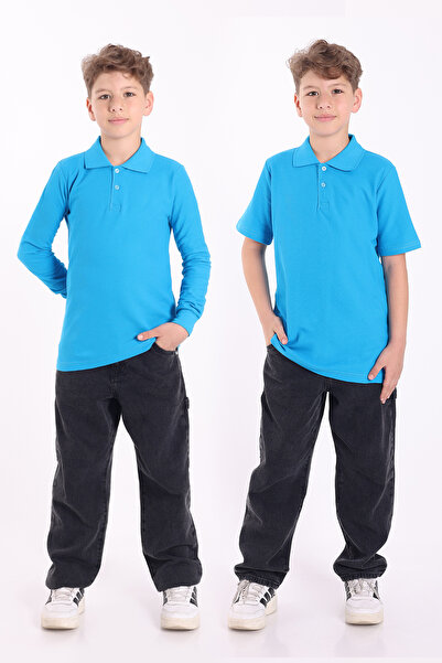Re&Gi Rekor Unisex Children's Polo Neck School T-Shirt Basic Short Sleeve 2-Piece School Long Sleeve T-Shirt 5-16 Years Old Turquoise