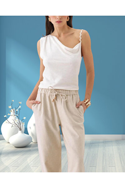 MinervaXint Women's Natural Shoulder-Off Slim Fit Linen Blouse