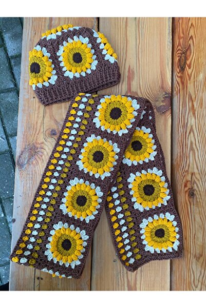 Feniks Sunflower Pattern Scarf-Beanie Set