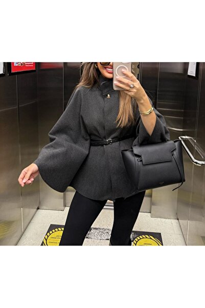 Lavanta Tekstil Belted Cashmere Poncho Coat Anthracite