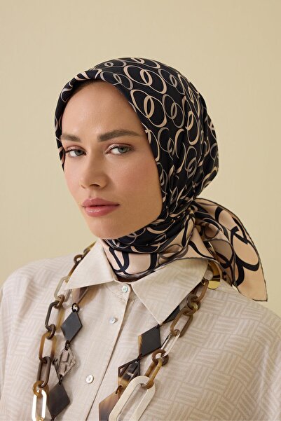 Imannoor Noor Yolu 2 Siyah-Bej Tivil İpek Eşarp 90x90