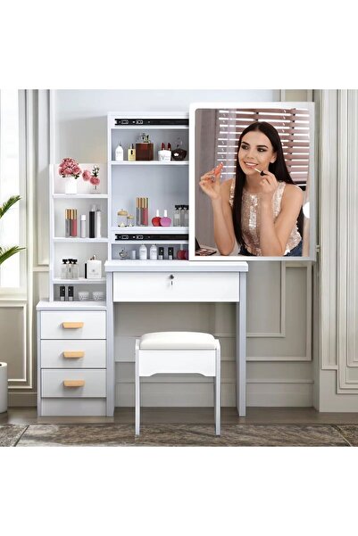 7LIFE White LED Vanity Table with Mirror, Stool, Drawers & Shelves, 130x40x80 cm