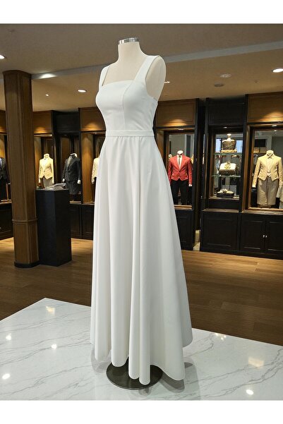 FİYPER Λευκό τετράγωνο λαιμόκοψη σατέν μάξι μήκους έτοιμο ντύσιμο βραδινό φόρεμα και νυφικό