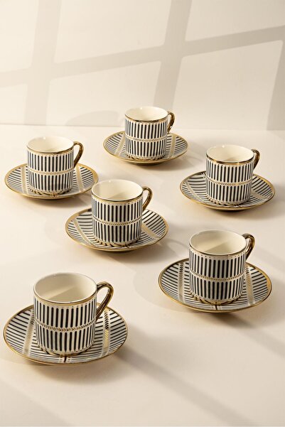 Yaren Style 6-Piece Black and White Striped Porcelain Coffee Cup Set with Gold Detail – Modern Stylish Design |   Yaren