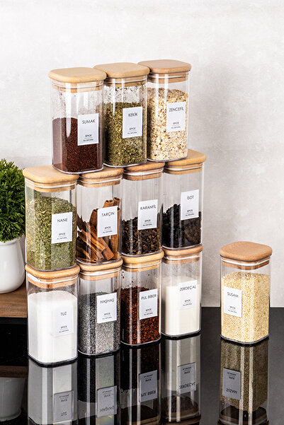 DNS HOME 12-Piece Wooden Vacuum Lid Acrylic Spice Jar Set Storage Container Spice Rack with Label Gift 300 ml