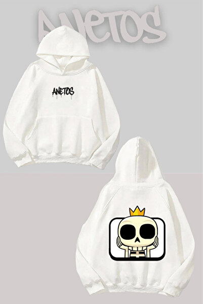 Anetos Hanorac Skeleton Emoji Fanart B cu imprimeu Alb K cu glugă