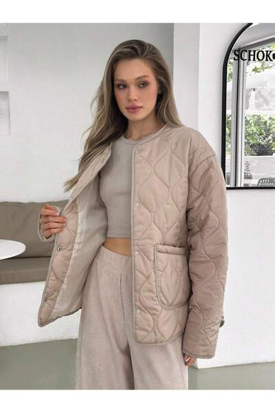 BORCKA TEKSTİL Açık Bej Kapitone Desenli Oversize Kadın Mont