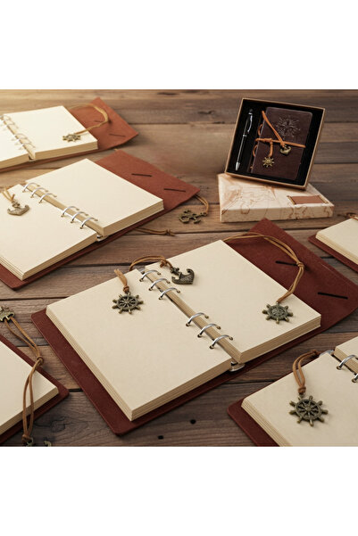 Wolawood Luxury Vintage Leather Notebook with Compass Detail, Souvenir Diary with Antique Pages, Boxed Set with Vip Pen Gift