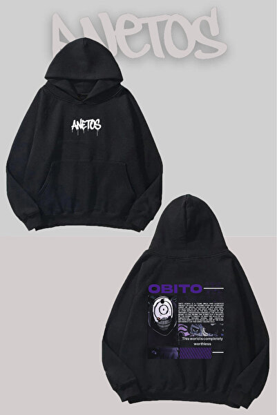 Anetos Obito Anime Răscruce cu imprimeu Negru cu glugă Swea tricou