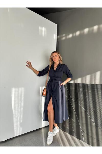 Zerrincan Giyim Lacivert Kuşaklı Gömlek Elbise