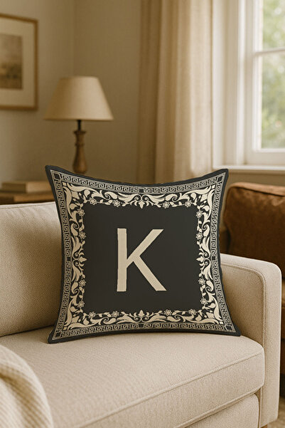 LadiesHome غطاء وسادة ديكور أرضي بحرف K باللون البيج - أنثراسيت، هدية مميزة، ...