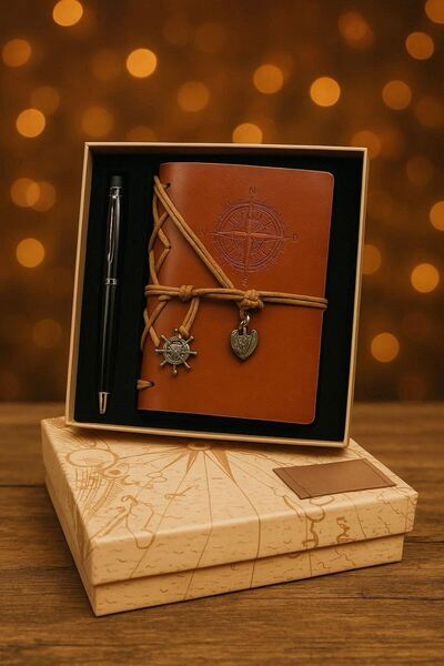 Wolawood Luxury Vintage Leather Notebook with Compass Detail, Souvenir Diary with Antique Pages, Boxed Set with Vip Pen Gift