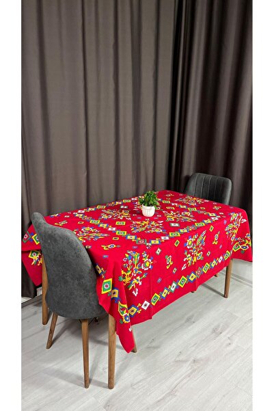 Sobe Hediyelik Square Tablecloth with Red Background and Colorful Floral Patt...
