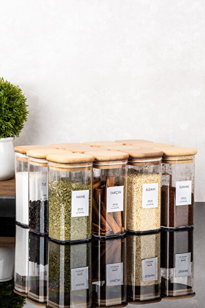 DNS HOME 12-Piece Wooden Vacuum Lid Acrylic Spice Jar Set Storage Container Spice Rack with Label Gift 300 ml