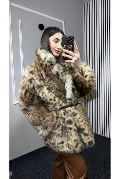 TEXXANA معطف فرو طويل أنيق بأكمام طويلة ونمط الفهد مع حزام عالي الجودة
