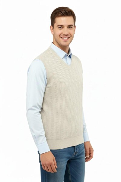 Çizgi Triko Men's V-Neck Sweater Steel Knit Regular Fit 5209H Bgl-St04843