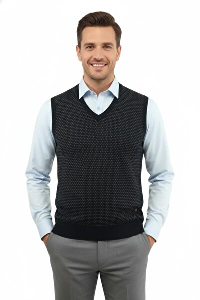 Çizgi Triko Men's V-Neck Sweater Steel Knit Regular Fit 5201H Bgl-St04842
