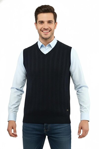 Çizgi Triko Men's V-Neck Sweater Steel Knit Regular Fit 5209H Bgl-St04843