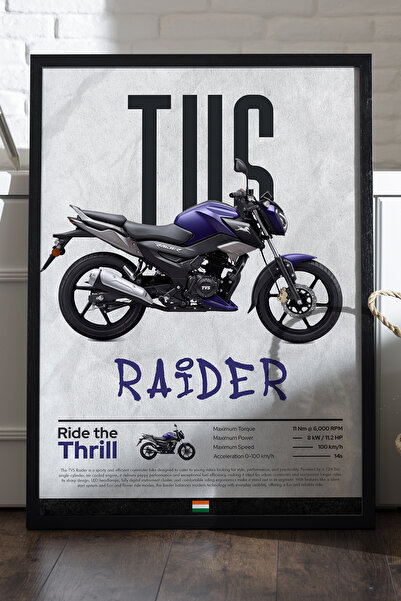 Duvarda TVS Raider Siyah Ahşap Çerçeveli Poster, Dekoratif Motosiklet Duvar T...