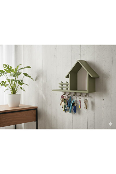 Muvesta Ev Şeklinde Dekoratif Anahtar Askılığı ve Rafı - Duvar Tipi Giriş Düz...