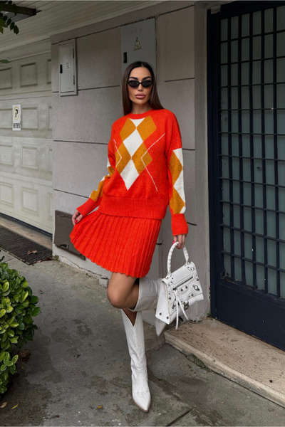 Fav Style Women's Argyle Pattern Crew Neck Sweater and Pleated Mini Skirt Bottom-Top Set Orange