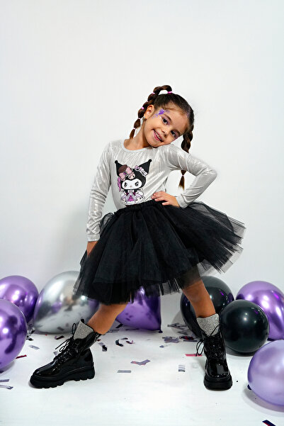 DUCA KIDS Σετ 2 τεμαχίων με μακρυμάνικο μπλουζάκι με θέμα το Kuromi, μαύρο και τούλινη φούστα