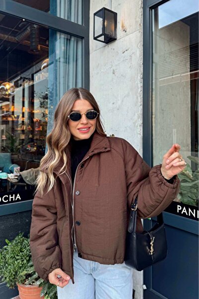 Sue Store Καφέ πουπουλένιο παλτό με κορδόνι στη μέση και επένδυση oversized